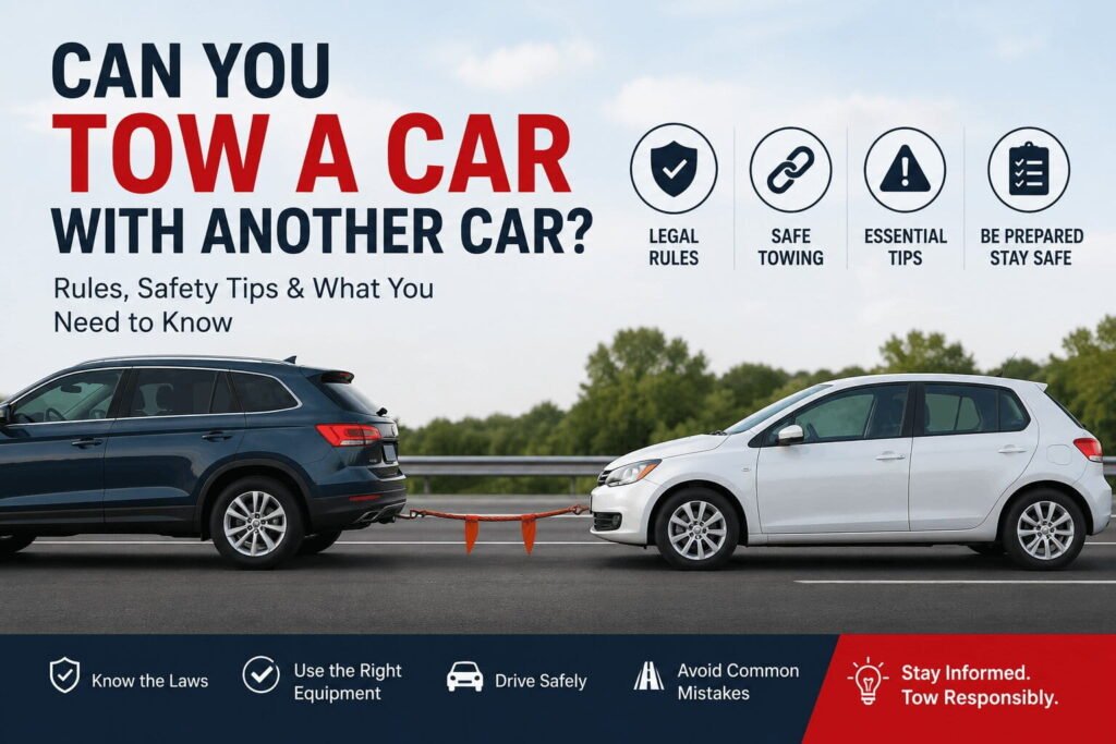 Two cars connected by a rigid tow bar on a residential road