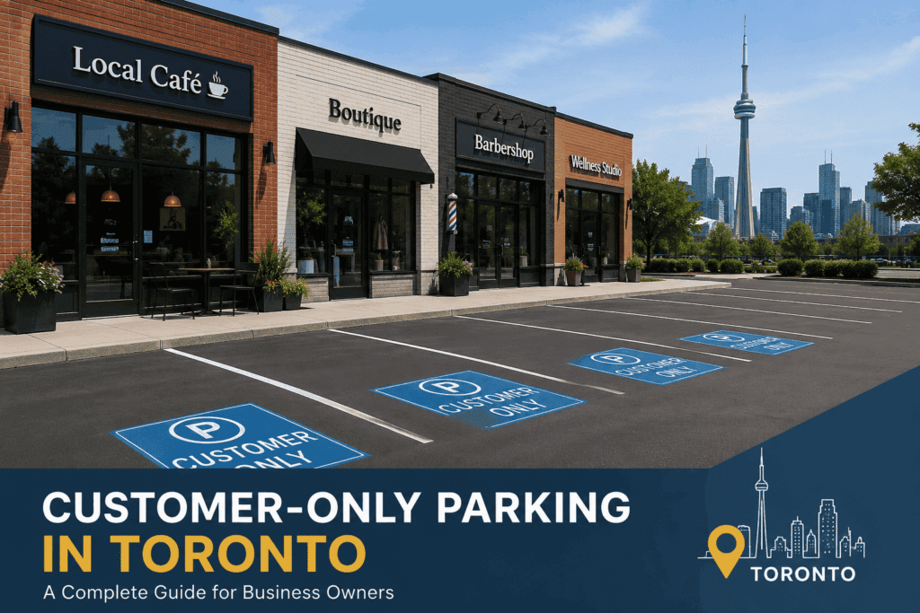 Retail plaza storefronts with a marked customer-only parking area in Toronto