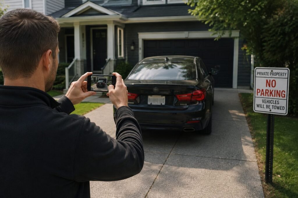 Homeowner photographing a vehicle parked without permission in a private driveway