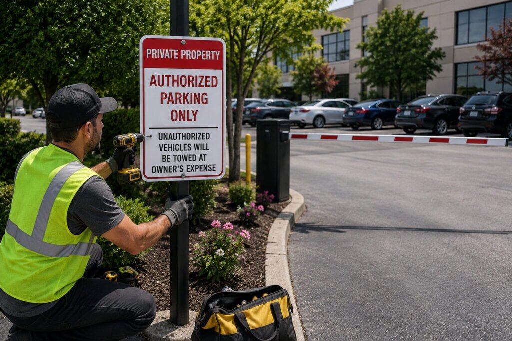 New private parking restriction signage being installed at a Toronto property entrance