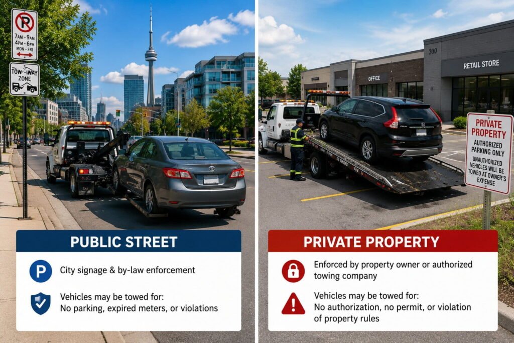 Comparison of a tow truck operating on a public Toronto street versus a private parking lot