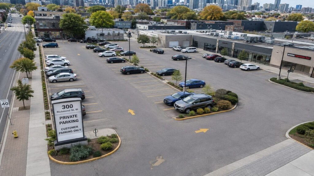 Aerial view of a private commercial parking lot with clearly marked spaces in Toronto