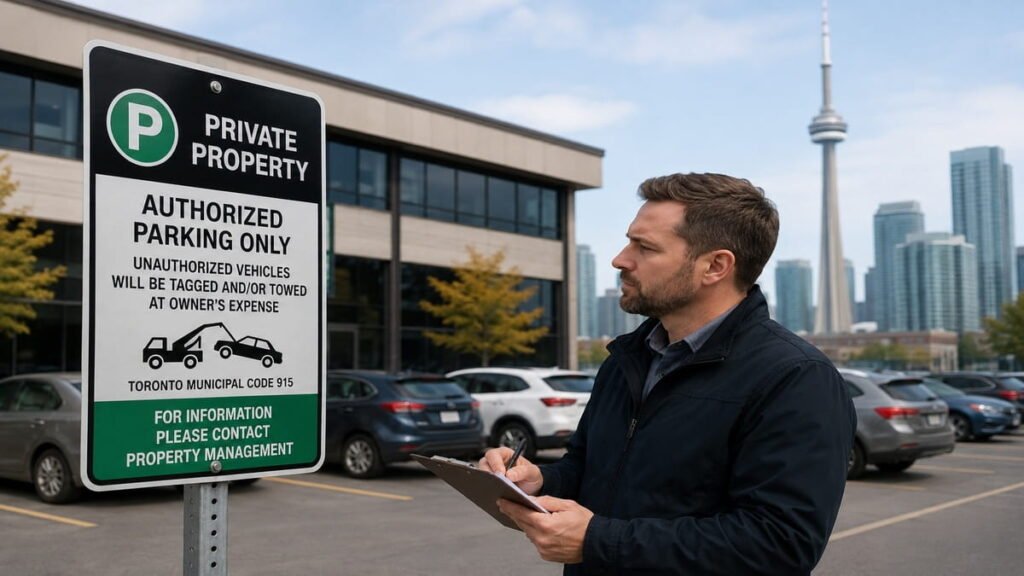 Property manager inspecting private parking signage in a Toronto commercial lot