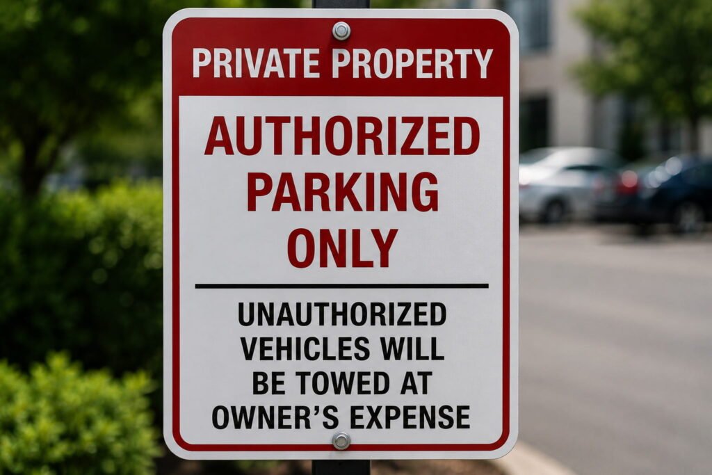 Private property sign warning that unauthorized vehicles will be towed at owner's expense