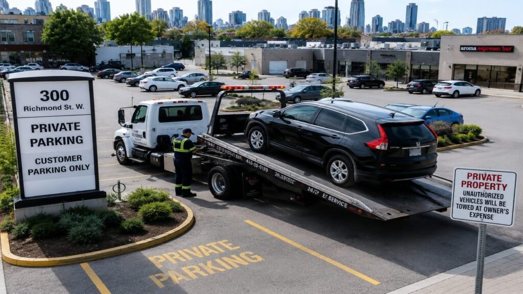 Tow truck removing an unauthorized vehicle from a private parking lot in Toronto