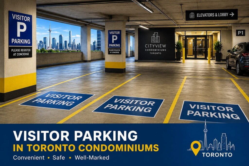 Visitor parking spaces with clear signage in a Toronto condominium parking garage