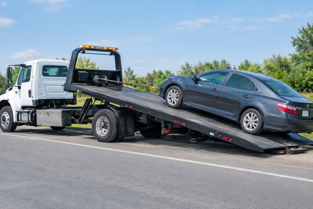 Flatbed tow truck loading a sedan onto a tilted hydraulic deck