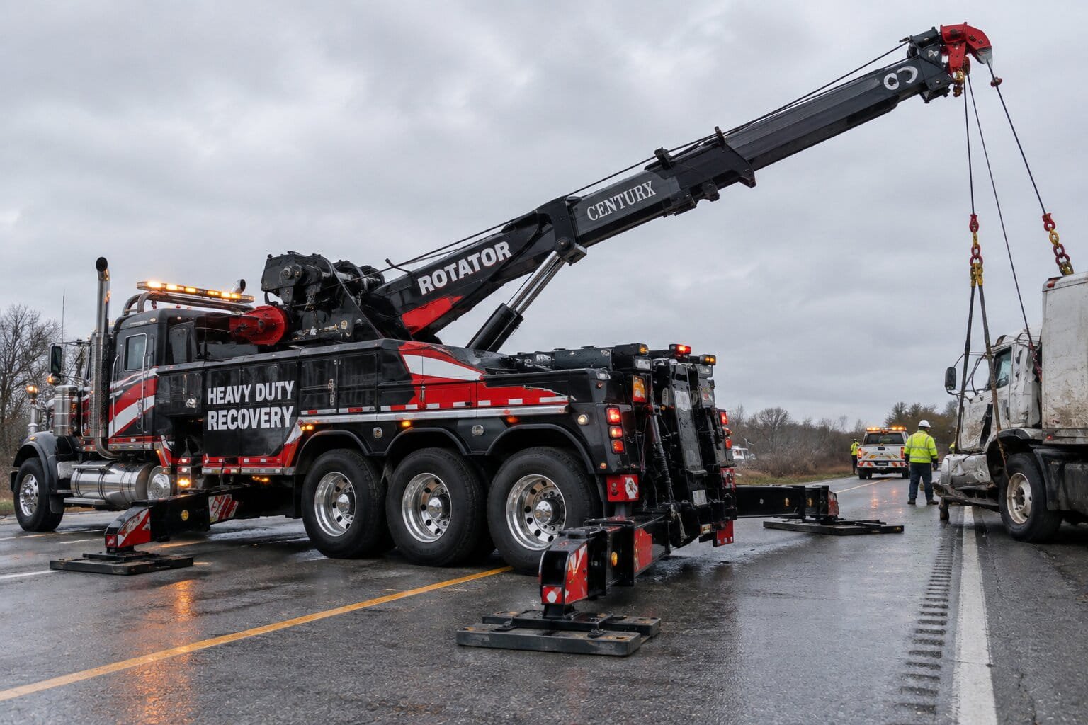 Rotator tow truck with boom extended at a heavy recovery scene