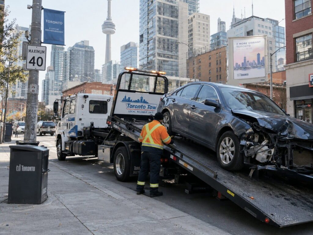Car towing service in Toronto with tow truck loading vehicle