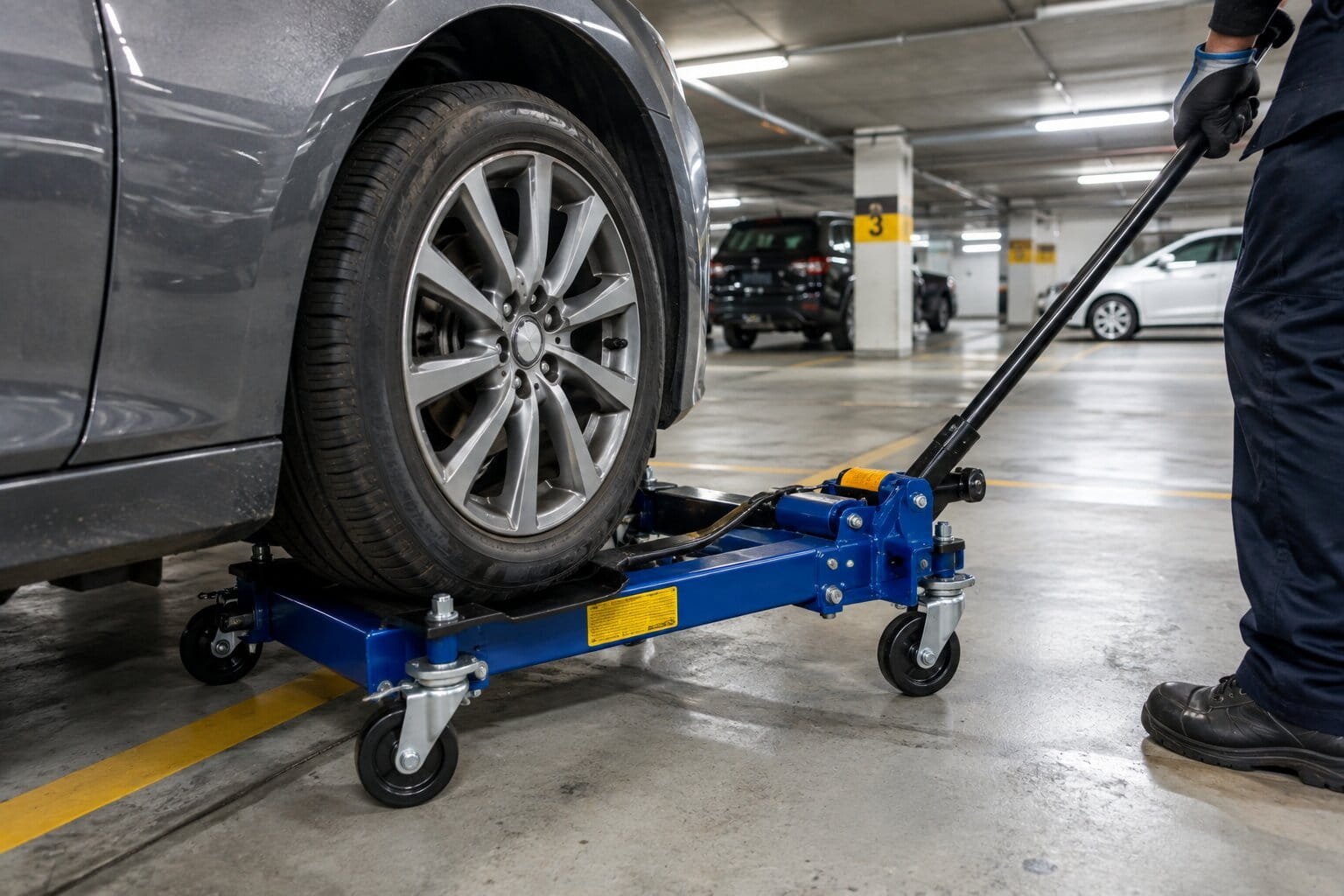 Go-jack trolley lifting a car wheel to move it in a tight parking garage