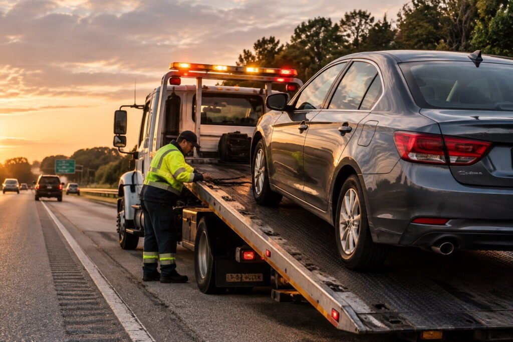 Tow truck assisting a broken down vehicle on roadside