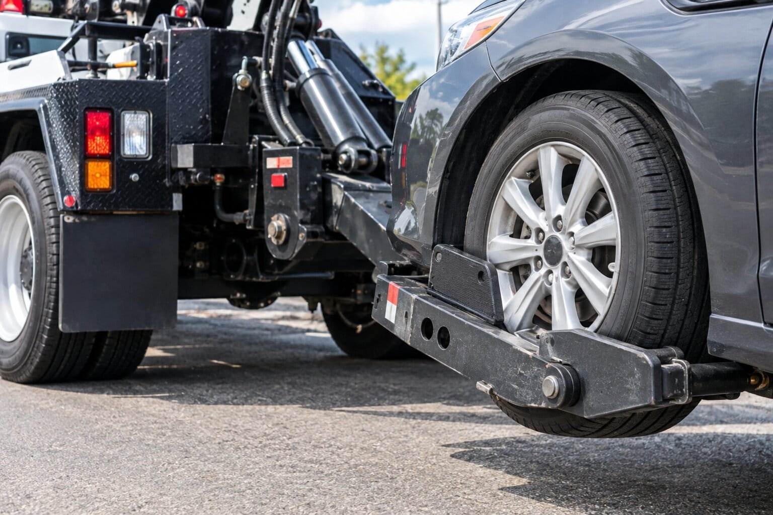 Wheel lift yoke cradling a car's front tires during a short tow