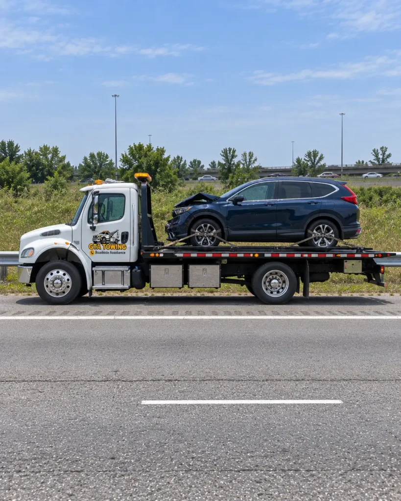 Broadside Tow Truck With Damaged SUV