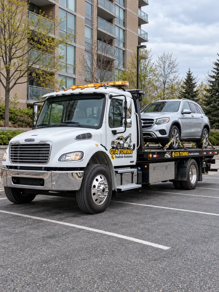 Freightliner tow truck carrying Mercedes SUV
