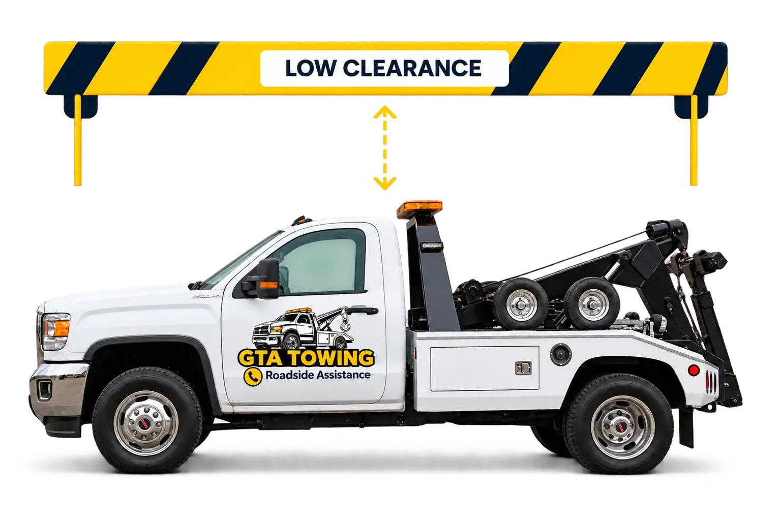White Tow Truck Under Low Clearance Beam